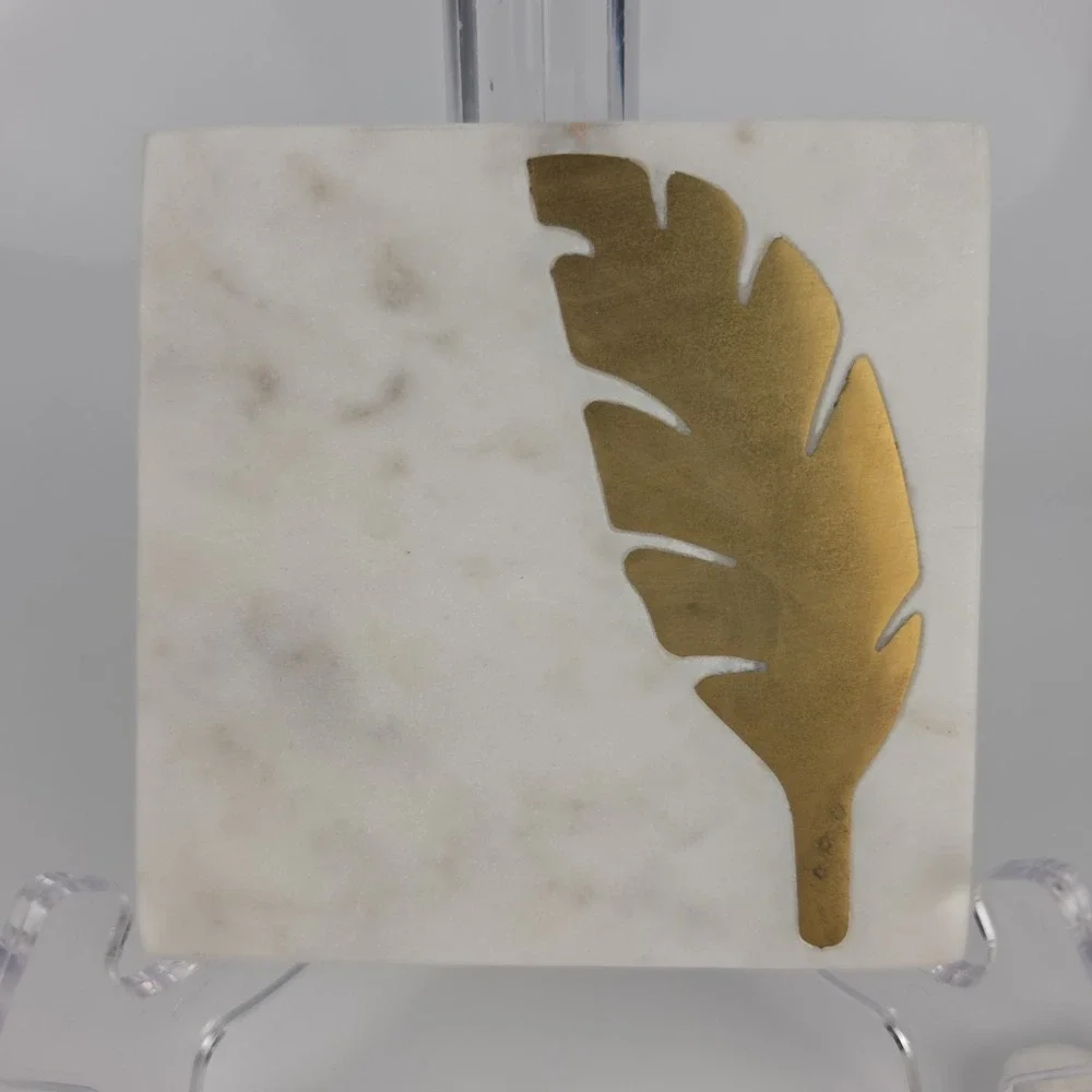 White Marble Coasters Set of 4 Gold Brass Leaf Inlay Square Decor